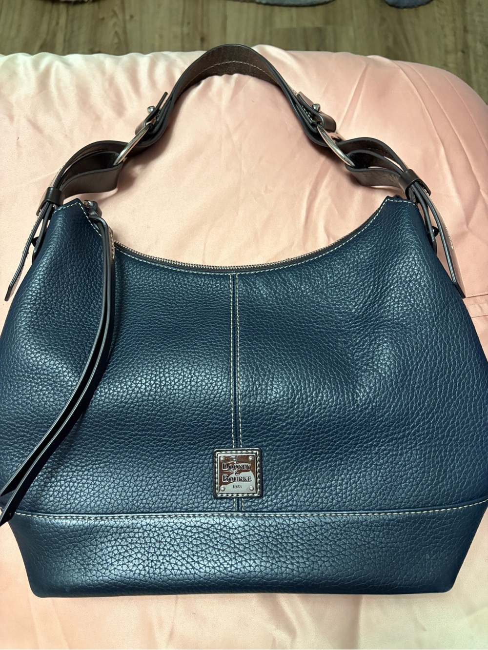 Dooney & Bourke 1975 Navy Pebbled Leather Hobo Bag with Black Strap